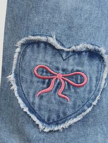 Tween Girls' Loose Fit Straight Leg Blue Denim Jeans With Bow Embroidery & Heart Applique, Casual Pants For Tween Girl - Blue - View 4