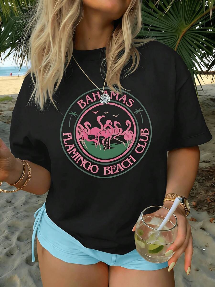 1 camiseta con estampado gráfico de flamencos de las Bahamas, cuello redondo, corte relajado, estilo hip-hop urbano, ajuste cómodo, diseño gráfico, 180 g, 100% algodón, los estampados están completamente impresos. Unisexo. - Negro - Ver 1