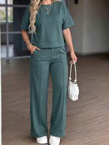 Conjunto deportivo de verano de 2 piezas para mujer Vaiaye, top de manga corta y pantalón ancho de chándal para gimnasio, streetwear, playa y vacaciones - Verde - Ver 6