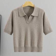 GIGOGOU Camiseta de punto de manga corta para mujer, suéter casual cómodo y suave con cuello polo, para primavera/verano - Gris - Ver 8