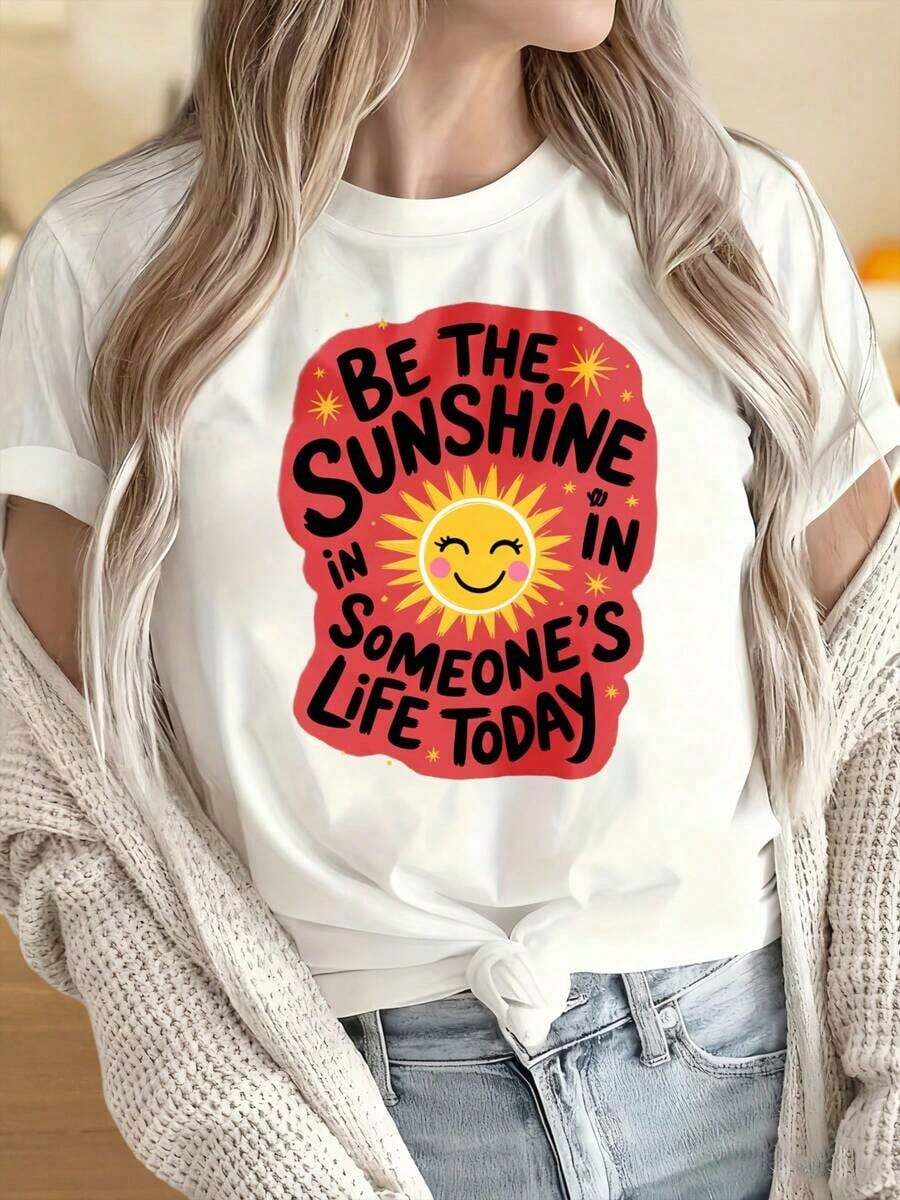 Women's And Men's Crew Neck Short Sleeve T-Shirt. T-Shirt With The Motivational Phrase "Be The Sunshine In Someone's Life Today". Graphic T-Shirt With A Sun Design And Positive Vibes For Women And Men. Casual Wear With Fun Prints, Suitable For Christmas Parties, Sports Activities, Holiday Parties, Outings, Sports, And Other Festive Gifts. - 白色 - 查看 1
