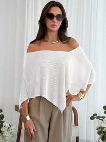 2026  Chal elegante de estilo bohemio para vacaciones de mujer, jersey holgado de punto sin hombros con bajo asimétrico, parte superior ligera de protección solar - Blanco - Ver 5