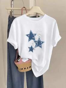 Camiseta de manga corta con cuello redondo y estampado de estrellas y corazones estilo boho para mujer, top casual bohemio para primavera y verano. - Blanco - Ver 8