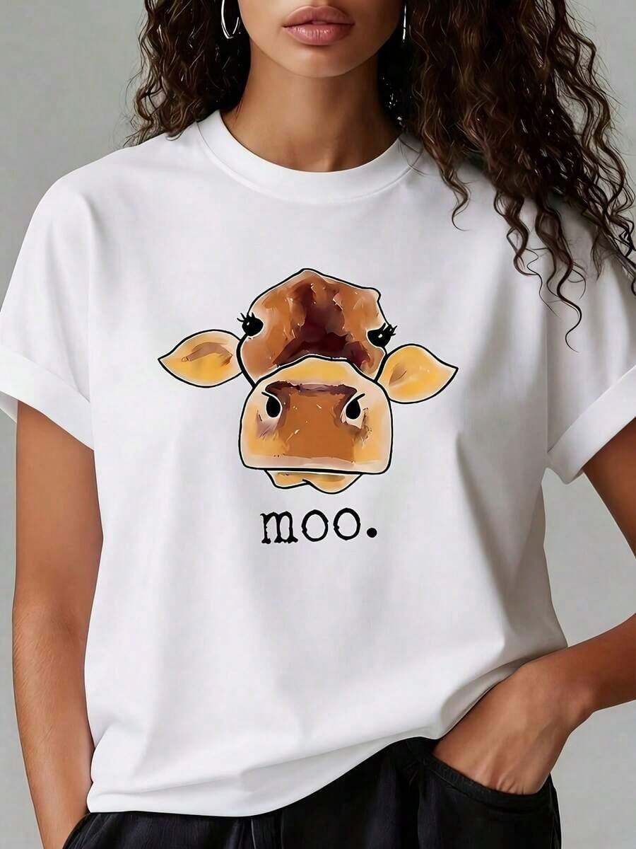 Camiseta de Cuello Redondo Talla Grande - Talla Grande - Camiseta Talla Grande, Estampado de Vaca con Sonido de "Muu", Camiseta Blanca de Manga Corta con Cuello Redondo Estampada, Lavable a Máquina, Estilo Casual, Ajuste Cómodo, Diseño Moderno, Versátil para Uso Diario, Tela Suave, Camiseta Casual de Manga Corta para Mujer, Talla Estándar, Camiseta Básica, Blusas Para Mujer Casual - Blanco - Ver 1