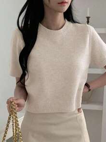 Top de punto casual corto de manga corta y cuello redondo de unicolor ajustado y corto para mujer, verano - Beis - Ver 4