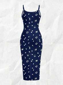 Vestido de tirantes ajustado con estampado floral minimalista y casual, adecuado para verano, vacaciones y playa - Multicolor 3 - Ver 2