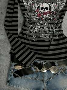 Estilo recomendado de gran , camiseta de manga larga con cuello de una línea y estampado de letras de Nueva York Brooklyn en estilo retro americano para mujer, adecuada para compras diarias, citas y uso escolar, estilo delgado y ajustado de chica - Multicolor 2 - Ver 4