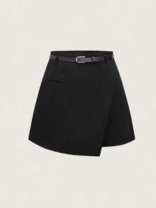 Pantalones con falda asimétrica de moda casual para ir al trabajo, pantalones cortos multifuncionales para mujer, pantalones con falda a juego sin cinturón - Negro 2 - Ver 1