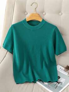 2026 Primavera/Verano Nueva Llegada Estilo Europeo Cuello Redondo unicolor Suéter Ligero de Manga Corta, Versátil - Verde - Ver 6