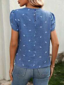 Camisa de mujer elegante y casual con mangas abombadas y volantes de unicolor - Azul 3 - Ver 2