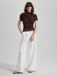 2026SS Nueva blusa de verano para mujer, uniforme de maestra, atuendo de aeropuerto para el Día de la Independencia, de tela elástica, camiseta azul sólida talla grande vendida, estilo casual cómodo, top de punto, diseño asimétrico, manga corta frun - Café integral - Ver 4