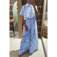 Conjunto Casual para Mujer Nueva Temporada Verano, Blusa Encaje Calado + Pantalones Largos - Azul - Ver 6