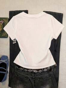 Women's Casual Round Neck Short Sleeve T-Shirt With Slogan Print - 白色 - 查看 2