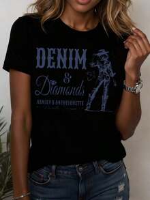 Camiseta de mujer con temática de vaquera del oeste, de mezclilla y diamantes, manga corta, cuello redondo, estilo casual, ideal para despedida de soltera, atuendo de verano, regalo para ella, adecuada para ociones de ocio y deportivas. - Negro - Ver 5