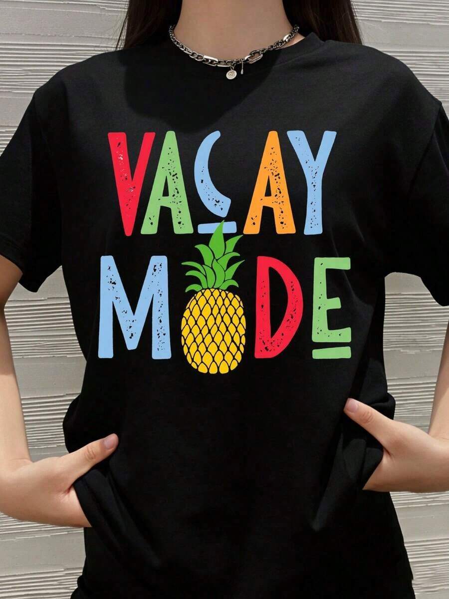 100% Cotton, Women's T-Shirt With Pineapple Print "Vacay Mode", Summer Vacation Clothes, Casual Women's Clothing, Beach Party Top. - 黑色 - 查看 1