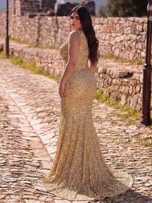 Plus Size Women's One Shoulder Slit Mermaid Sequin Formal Evening Gown - Champagne - View 2