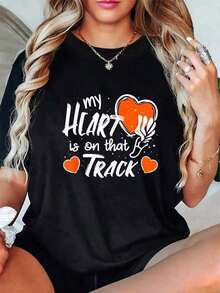 CasualMy Heart Is On That Track - Camiseta de mamá atleta de atletismo, cuello redondo, manga corta, camisetas gráficas para mujer, tops de verano bonitos, Puppy Kepp Black, para mujer - Negro - Ver 1