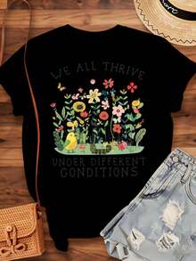 We All Thrive Under Different Conditions. Floral-Inspired T-Shirt For Women And Men, Featuring A Bird, Butterfly, And Flower-Friendly Design, Perfect For Earth Day And Everyday Wear. Unisex Short-Sleeve T-Shirt With A Crew Neck, Urban Vintage Style, 220g, 100% Cotton. - 黑色 - 查看 4