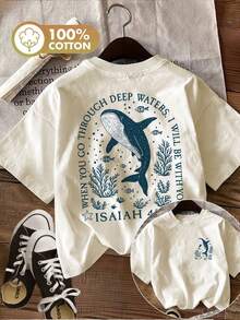 [Impresión a doble cara] Camiseta casual de verano para mujer, estilo vintage, con estampado de ballena, algas marinas y "WHEN YOU GO THROUGH DEEP", cuello redondo, camiseta de manga corta de algodón puro, cómoda y suave, camiseta de algodón para uso diario. - Blanco - Ver 9