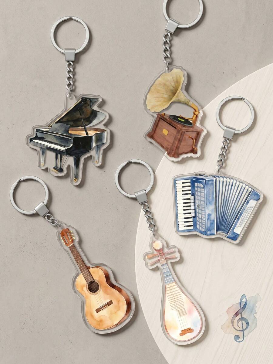 1pc Musical Instrument Themed Acrylic Keychain Pendant, Watercolor Style Classical Instrument Acrylic Material Bag Charm, Multifunctional Key Organizer Anti-Lost Accessory, Suitable For Home Decor, Car Rearview Mirror Ornament, Essential For Music Lovers - Multicolor - View 1