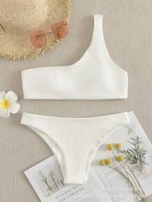 Nuevo conjunto de bikini de dos piezas para mujer, sexy, de un solo hombro, con textura acanalada y estilo deportivo. - Blanco - Ver 10