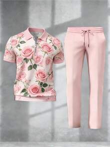 [Printed Design - No Texture] Men's Polo Shirt Fashionable Casual  Floral Rose Print Short Sleeve Top With Drawstring Jogger Pants Set Adult - 混合色 - 查看 4