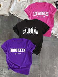 Camiseta de Mujer, Paquete de 3 piezas/set de camisetas de manga suitable for streetwear, Top oversized cuello redondo daily outings, camping, concerts, hip-hop, rock, and rap events, con Nombre de Ciudad (Nueva York, California, Los Ángeles), Camiseta Casual de Cuello Redondo y Manga Corta, Varios Colores Disponibles, Ropa de Mujer - Blanco - Ver 7