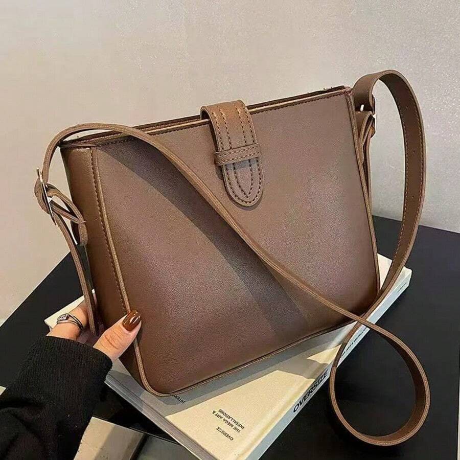 Fashionable High-Quality Large Capacity Shoulder Crossbody Bag, Casual Versatile Commuter Bucket Bag With Adjustable Strap - Coffee - View 1