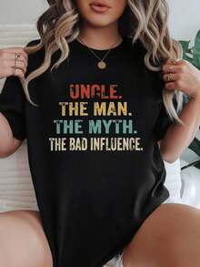 Women's Casual Loose Fit T-Shirt, Available In Black And White, Fun Graphic Print With Mythical Uncle Man And Bad Influence, Graphic Tees For Everyday Summer Wear, Summer Tops, Graphic Tees, Summer Sets, Women's Crop Tops, Women's Tops, Cute Vintage Cotton Clothing For Women, Loose Fit T-Shirt For Women - 黑色 - 查看 7