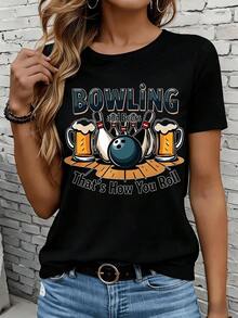 Playeras de mujer de algodón Bowling And Beers Thats How You Roll Camiseta para mujer, regalo divertido para amantes del bowling, camiseta blanca casual, regalo para fiestas al aire libre, camiseta de manga corta para mujer, ropa casual para el hogar y actividades al aire libre. - Negro - Ver 1