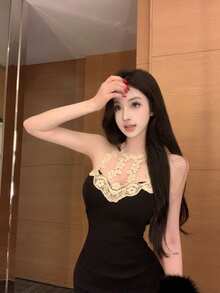 A French-Style Black Square-Neck Dress With A Defined Waist; The 2026 New Arrival Is A Luxurious Short Dress Perfect For Early Summer. - Black - View 3