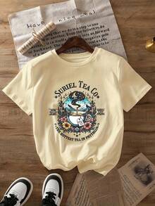 Women's Casual Summer T-Shirt, Comfortable, With Graphic Print By Suriel Tea Co., Women's Casual Round Neck Short Sleeve T-Shirt, Summer And Spring Fashion, Vivid Cartoon Design, Lightweight Clothing. - 杏色 - 查看 12