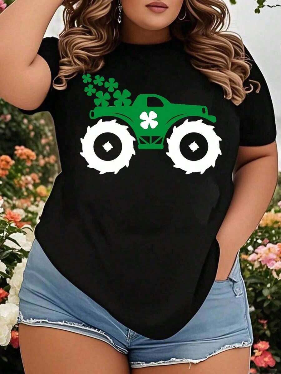 Camiseta de Camión Monstruo para el Día de San Patricio con Diseño de Trébol para Mujer, Talla Grande, Top Casual, Camiseta Festiva con Gráfico de Coche Verde, Atuendo para el Día de San Patricio, Playera Holgada para Mujer - Negro - Ver 1