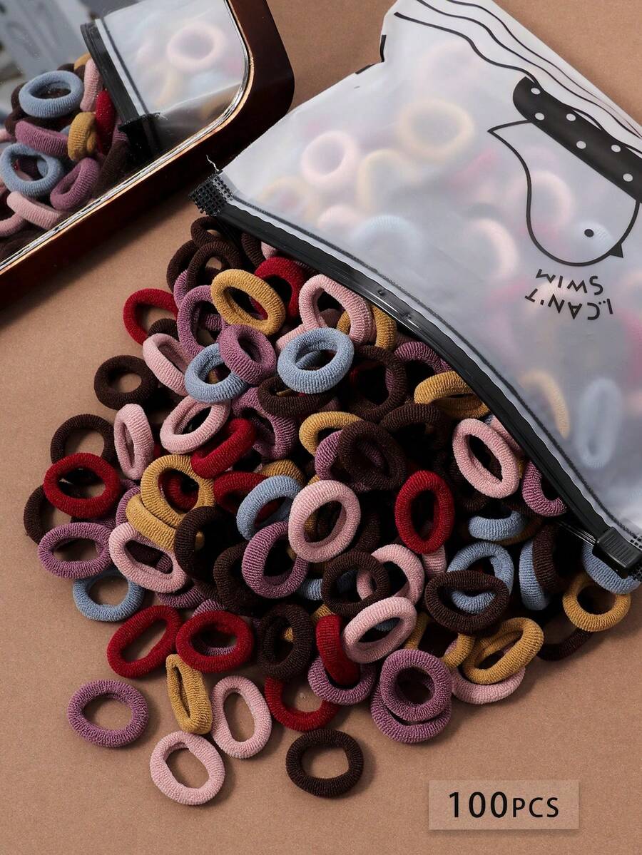 100pcs/Pack Small Elastic Hair Ties, Girls Colorful Rubber Bands For Ponytail, Solid Color Casual Cute Spandex (Stretch) Hair Accessories, Suitable For All Seasons - Multicolor - View 1