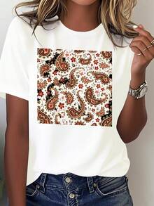 Camiseta cómoda de color sólido con estampado floral de paisley brillante para mujer, blusas para mujer - Blanco - Ver 7