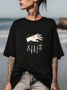Camiseta Estampada de Moda para Mujer - Un Regalo Perfecto para Halloween y el Día de Acción de Gracias - Camiseta Suave y Cómoda, Ideal para Actividades de Team Building y Reuniones Familiares, Diseño de Corte de Pelo Único - Negro - Ver 7