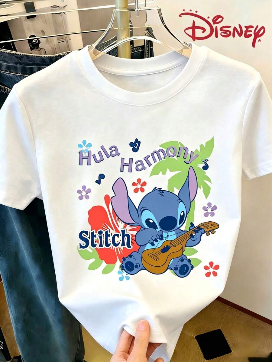 Disney Official Stitch "Hula Harmony" Ukulele Tropical Print Women's Cropped Loose Crew Neck T-Shirt Sweet & Cool Versatile Top - 白色 - 查看 1