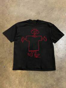 Playeras de mujer. Un top casual unisex con un estampado abstracto de dibujos animados, diseñado como una camiseta de manga corta de corte holgado. - Negro - Ver 6