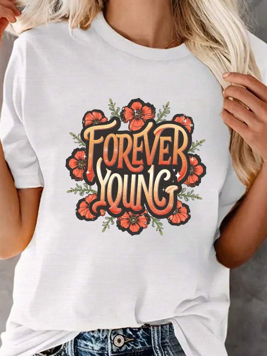 Camiseta de algodón oversize para mujer, con estampado "Forever Young 2026", cuello redondo, estilo casual de primavera/verano, manga corta, cómoda, suave y sencilla para uso diario. - Blanco - Ver 1