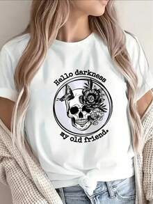 1 camiseta de manga corta, ligera y duradera, con diseño de calaveras y flores, es perfecta para salidas informales a restaurantes o para relajarse en casa, ofreciendo un uso diario cómodo. 180g 100% Algodón. - Blanco - Ver 11