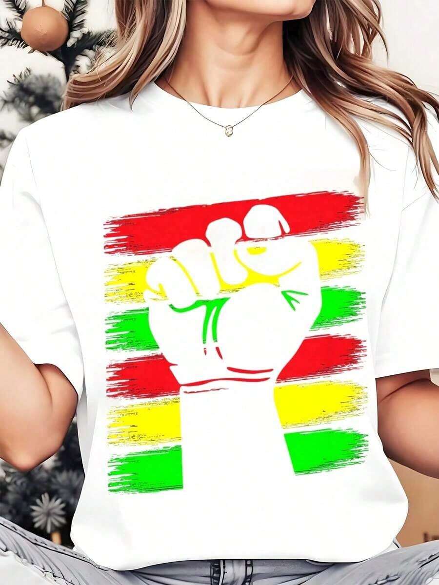 Camiseta de Cuello Redondo con Estampado de Puño para Mujer, Ropa Casual de Calle, Regalo para Vacaciones, 220g, Playera Holgada para Mujer - Blanco - Ver 1