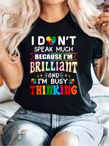 Camiseta Informal De Cuello Redondo para Mujer con Estampado "I Don't Speak Much Because I'm Brilliant and Thinking", Manga Corta, Corte Regular, Tejido De Punto De Poliéster Elástico Medio, Top para Todas Las Estaciones - Negro - Ver 2