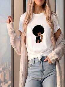 Comfortable Women's Casual Short-Sleeved Crew Neck Cotton T-Shirt With A Cute Graphic Print. Fashionable And Versatile, This Basic Style Is Perfect For Both Inner And Outerwear. - 白色的 - 查看 8
