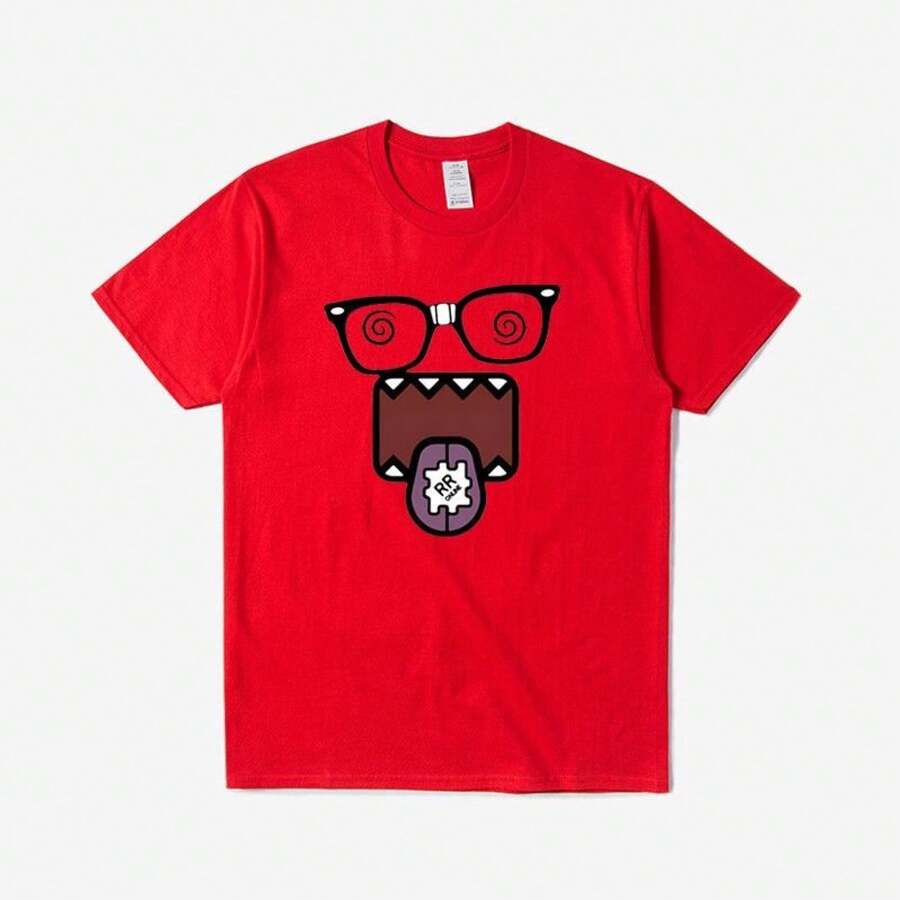 Camiseta Interesante Con Estampado De La ExpresióN De DomoKun, Cuello Redondo A La Moda, Mangas Cortas, Corte Holgado, VersáTil Tanto Para Hombres Como Para Mujeres. - Blanco - Ver 1