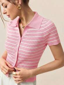 Suéter de punto con botones a rayas y cuello de solapa para mujer, blusa de punto para el trayecto urbano, atuendo casual de negocios, ropa elegante para mujer para la oficina, polo de vestir casual para mujer, blusas de verano para mujer - Rosa - Ver 1