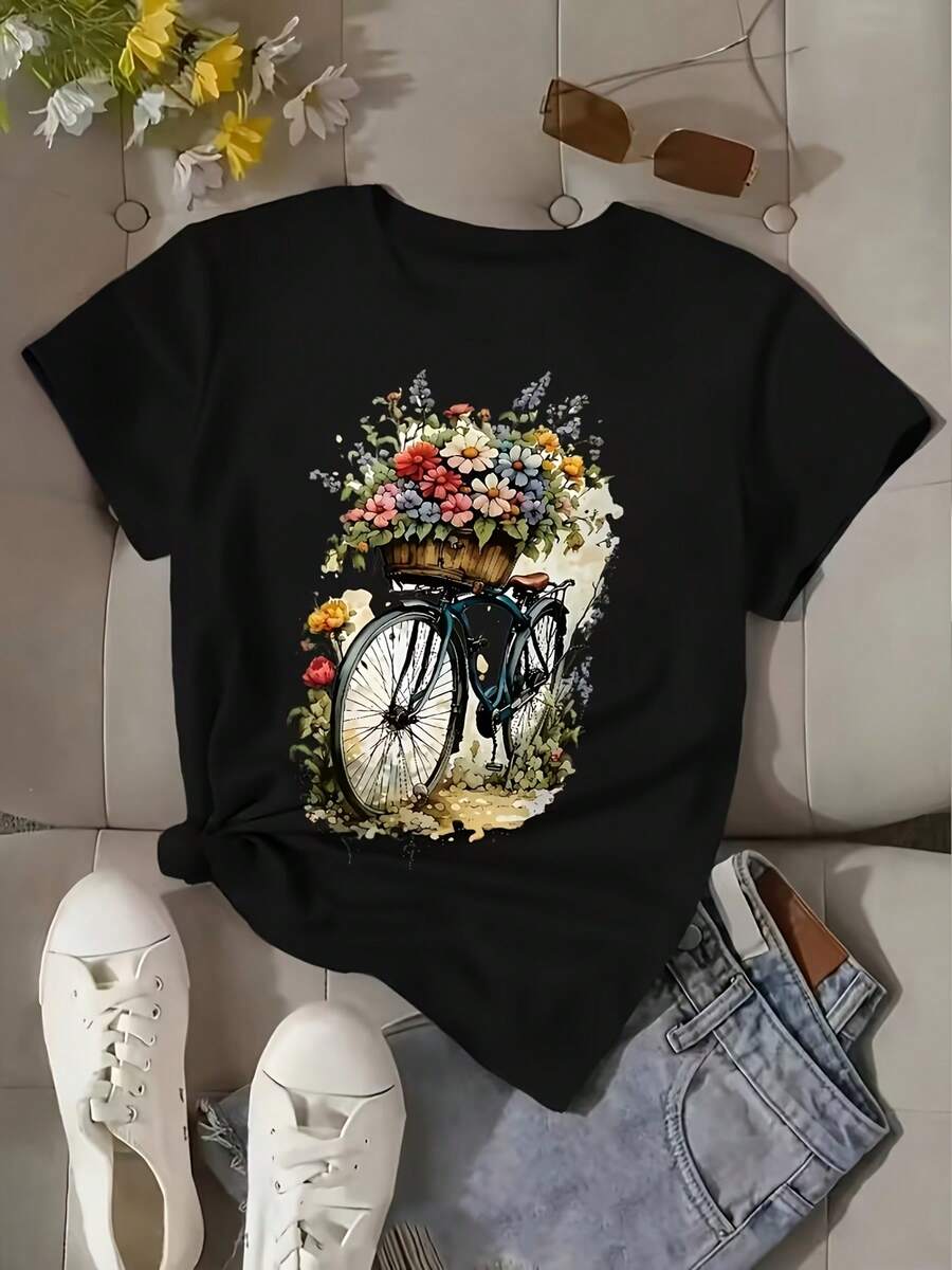 Women's Floral Print T-Shirt | Casual Crew Neck, Machine Washable, Suitable For All Seasons, With Bicycle And Basket Design - Black - View 1