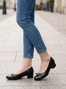 Square Toe Low Heel Fashionable & Comfortable Women's Pumps, PU Leather, Suitable For Commuting, Parties, Weddings, All Seasons - Black - View 2