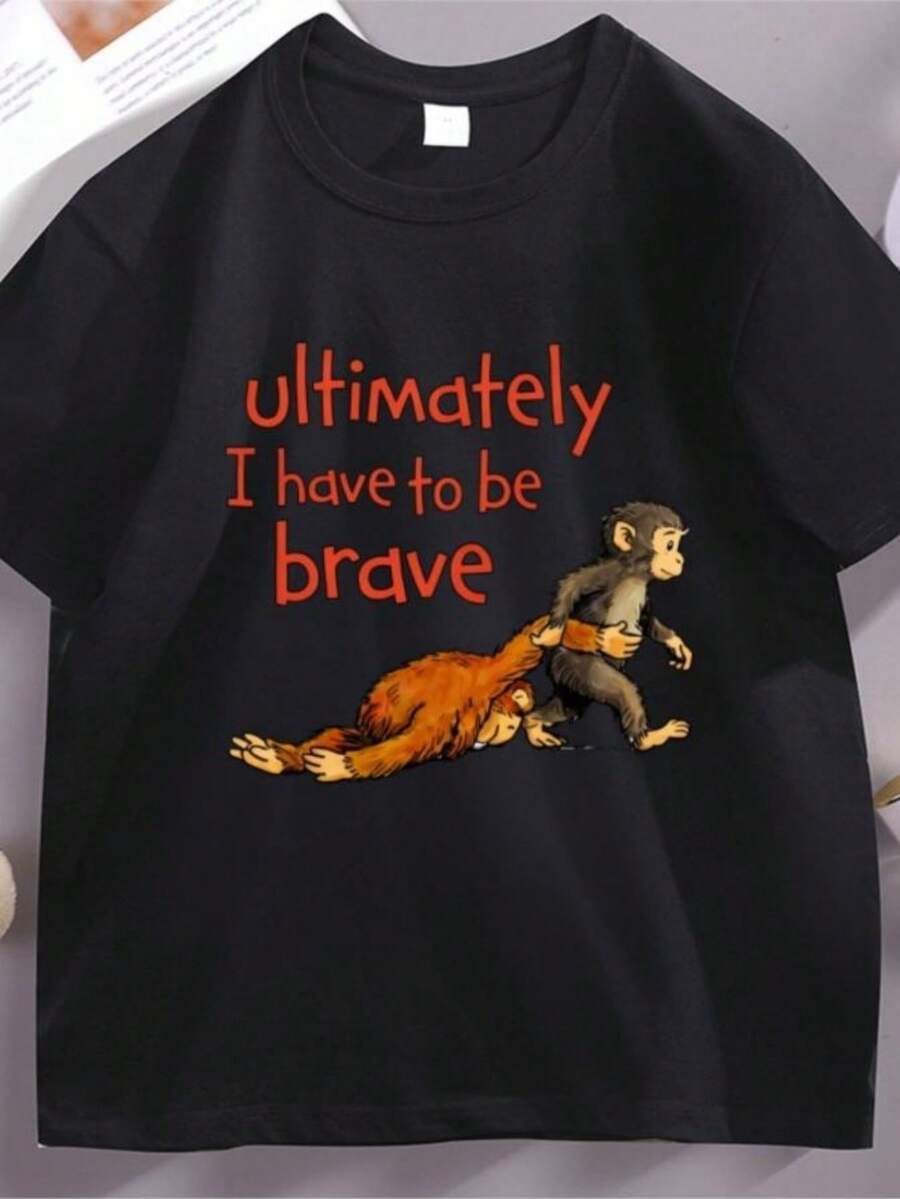 Women's Blouses Baby Monkey Holding Plush Toy Graphic T Shirts Men Women Team Punch T-Shirt Casual Comfortable Round Neck Short-Sleeved Tees - 黑色 - 查看 1