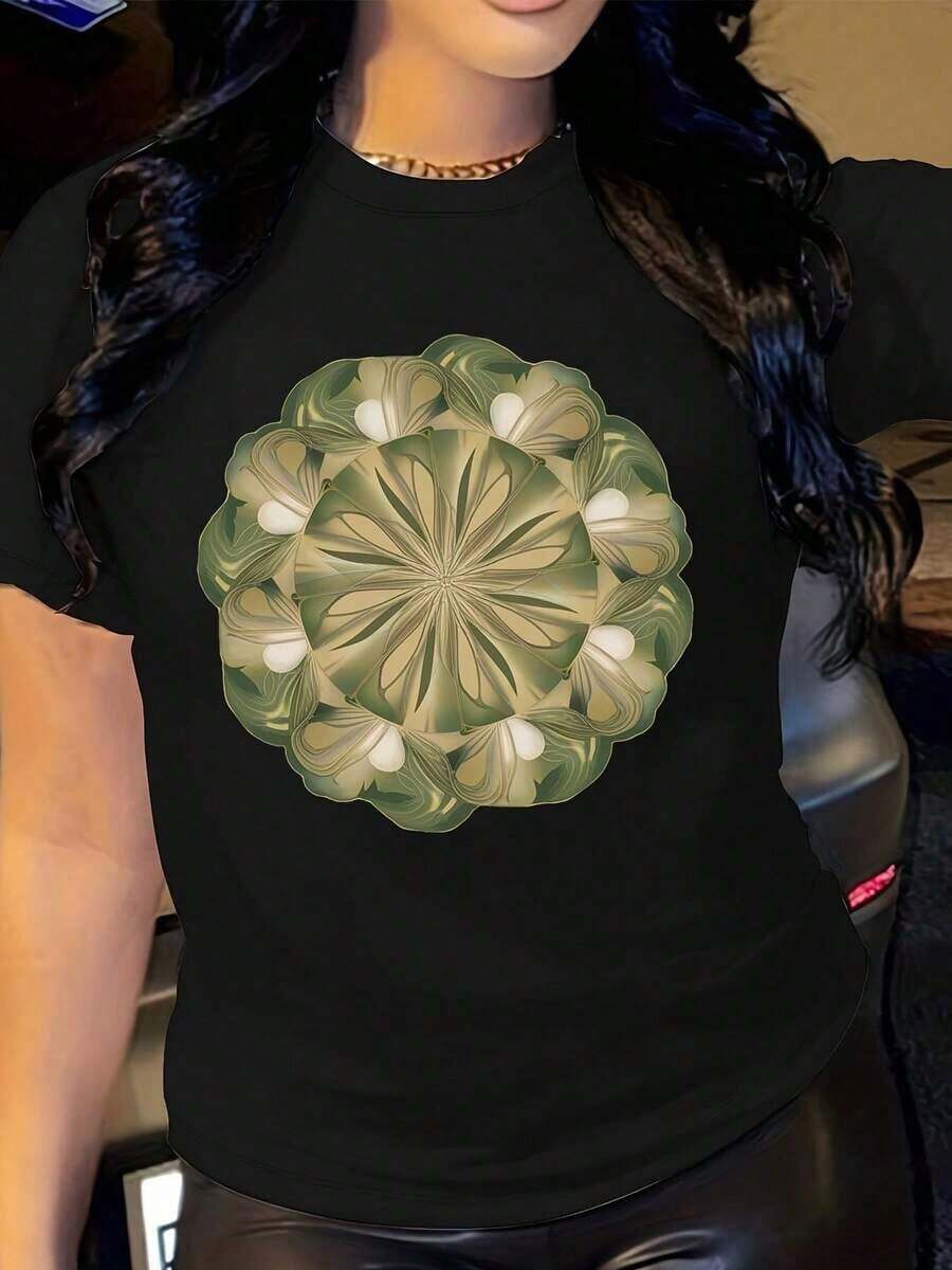 Women's Casual Floral Print T-Shirt - Olive Green/Gray, Elegant, Short Sleeve, Round Neck, Soft, Breathable, All Seasons, Machine Washable - Fashionable Themed Blouse - 黑色 - 查看 1