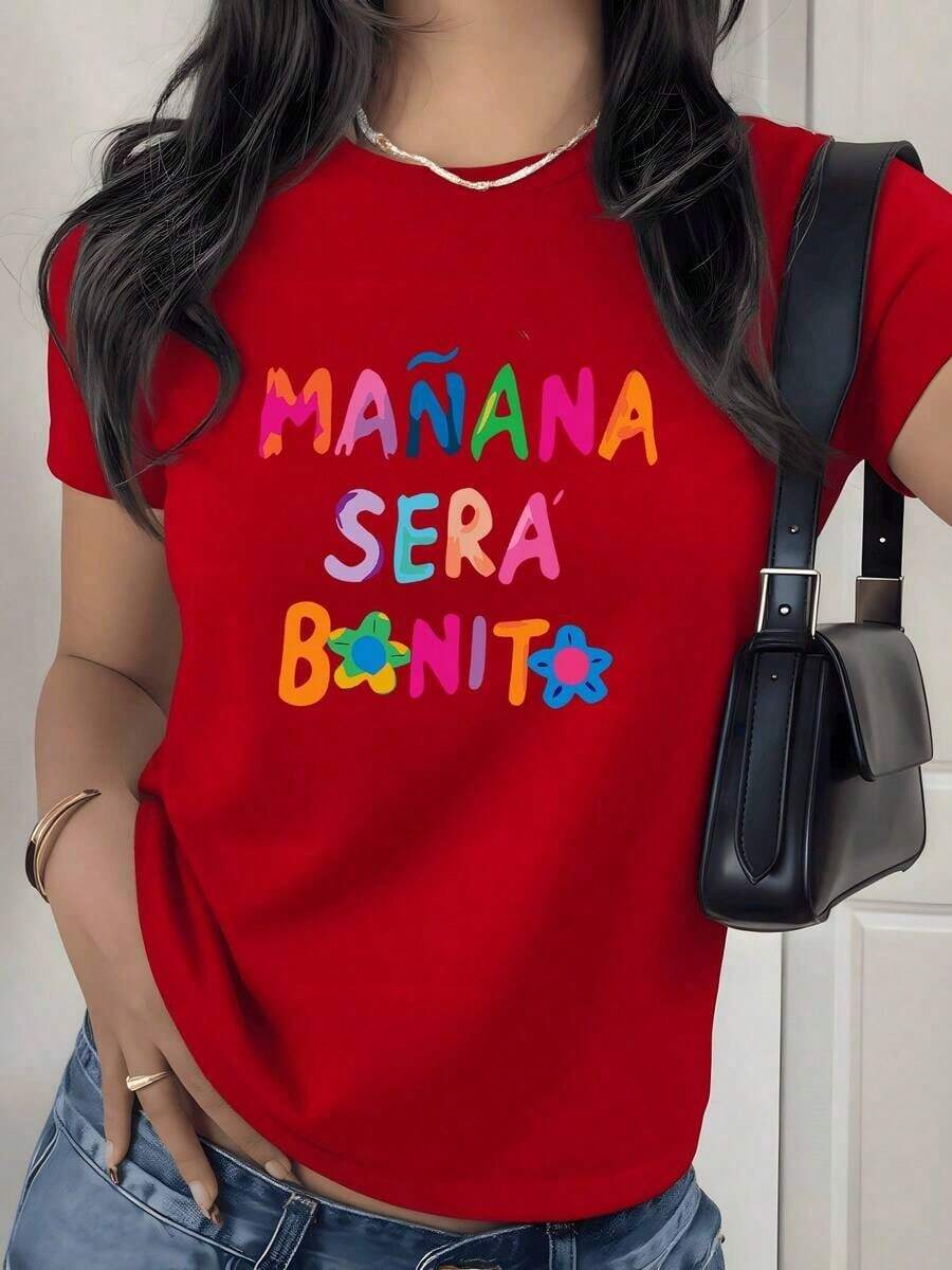 Camiseta con Estampado Gráfico de Letras y Flores Coloridas, 180g, 1 Pieza, Lema Positivo, Camiseta Casual de Mujer 100% Algodón, Estilo Streetwear de Verano - Rojo - Ver 1